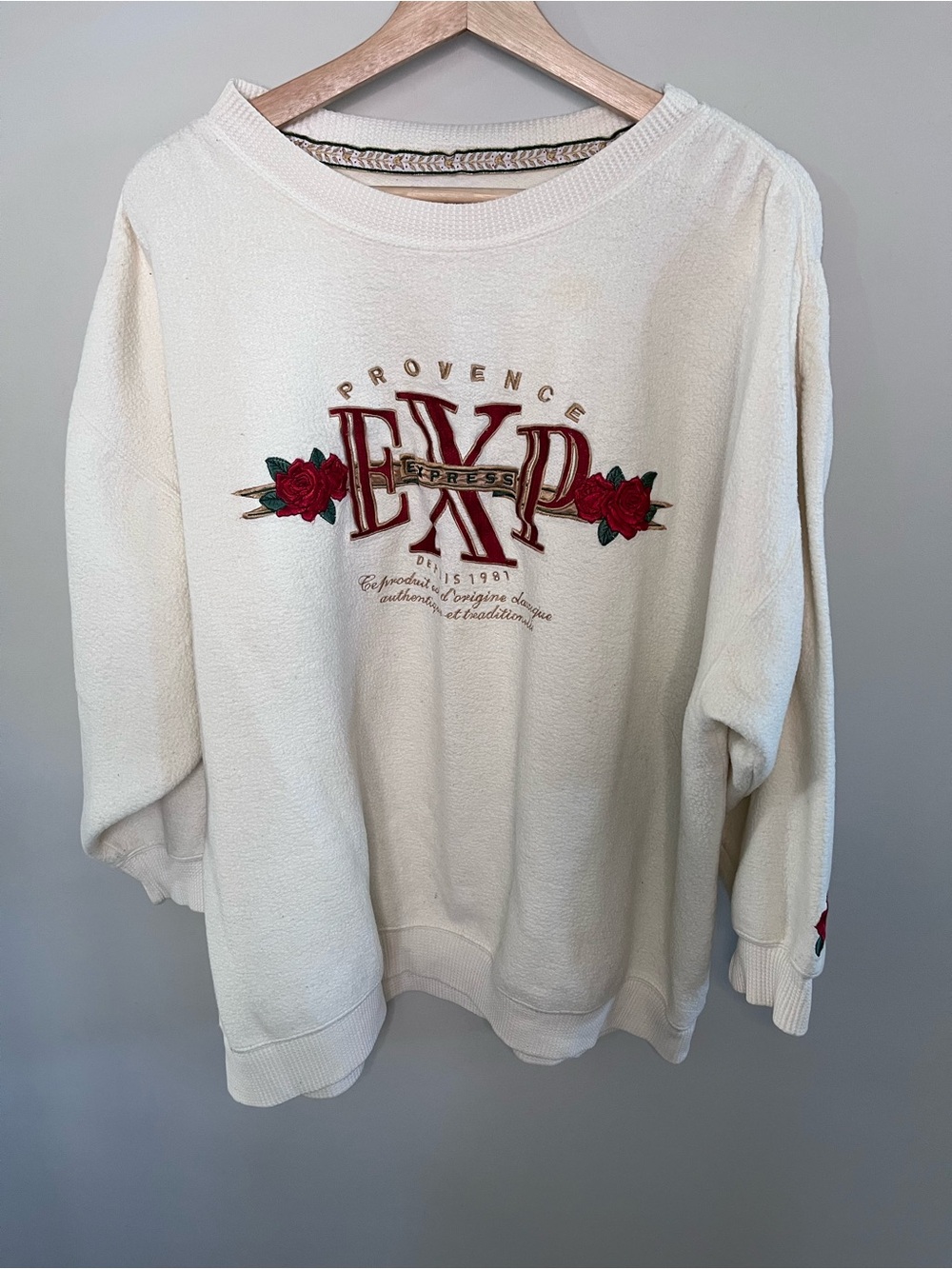 Vintage Express Athletique EXP Provence Rose Embroidered Sweatshirt Cream Large